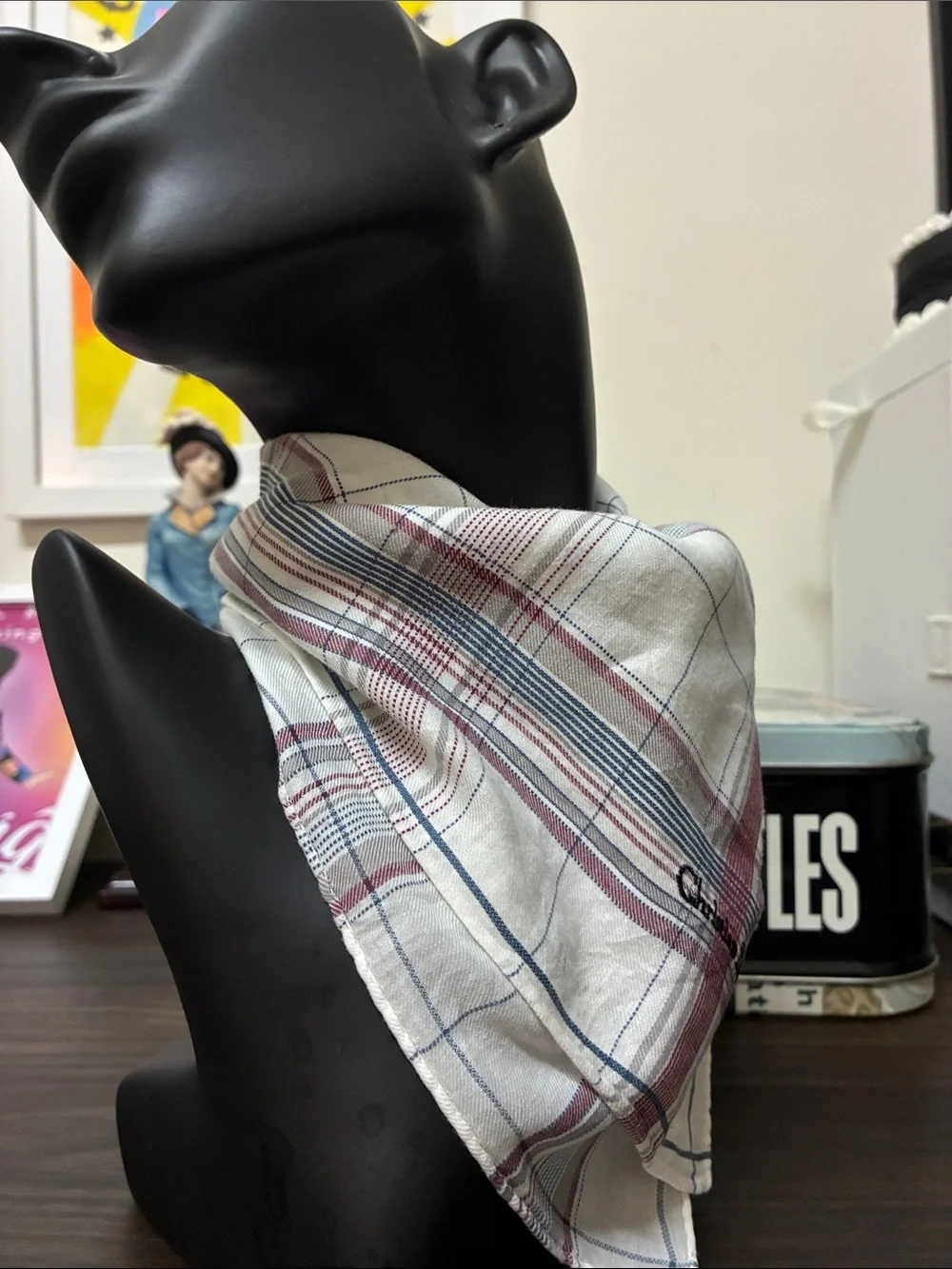 Christian Dior Plaid Cotton Bandana Scarf - White with Burgundy & Blue